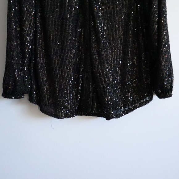 Guess Women's Sz Lrg Black Sequin V-Neck Collared Buttoned Stretch Mini Dress - Picture 12 of 16